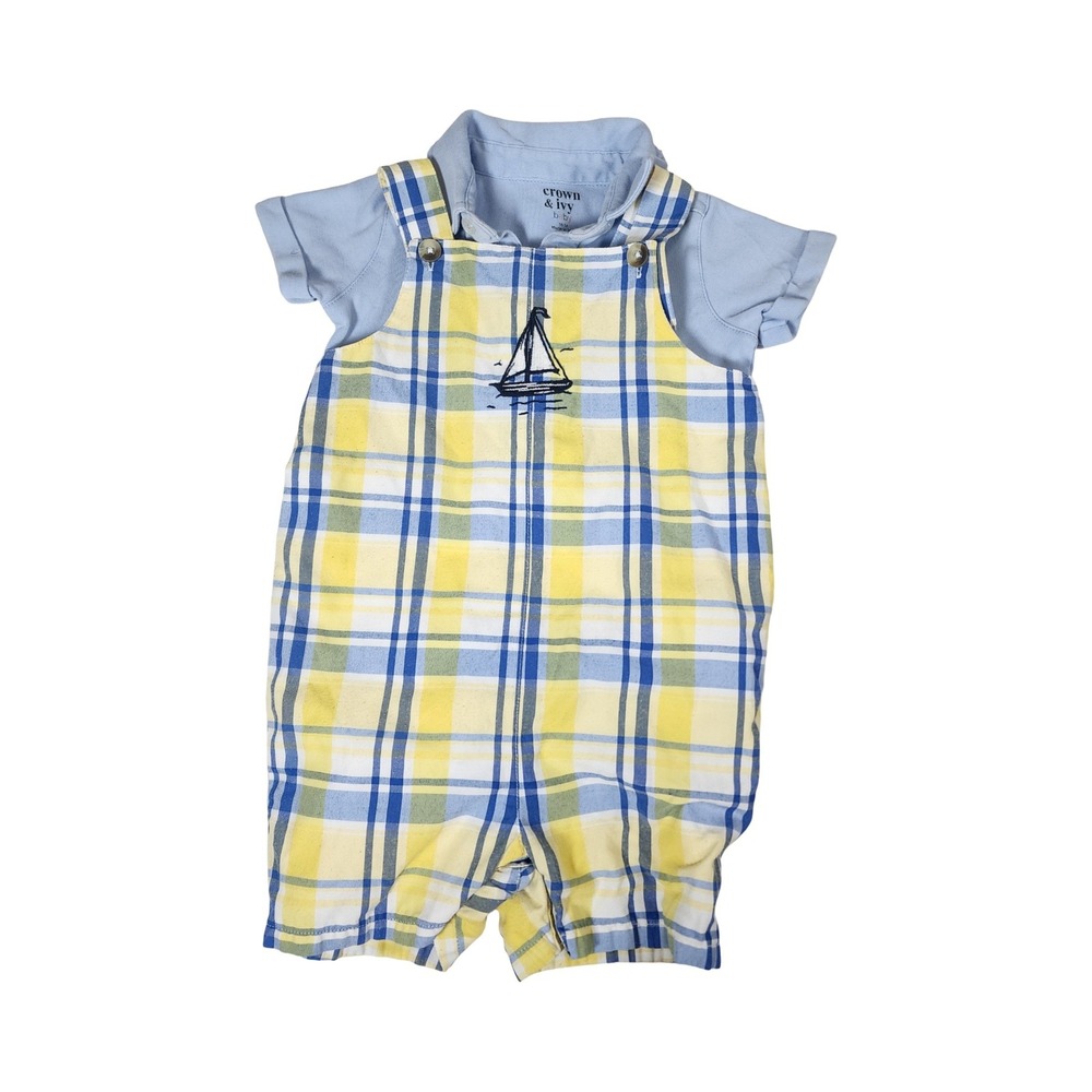 Crown & Ivy Baby 18M Plaid Sailboat Romper and Blue Polo Set 2-Piece